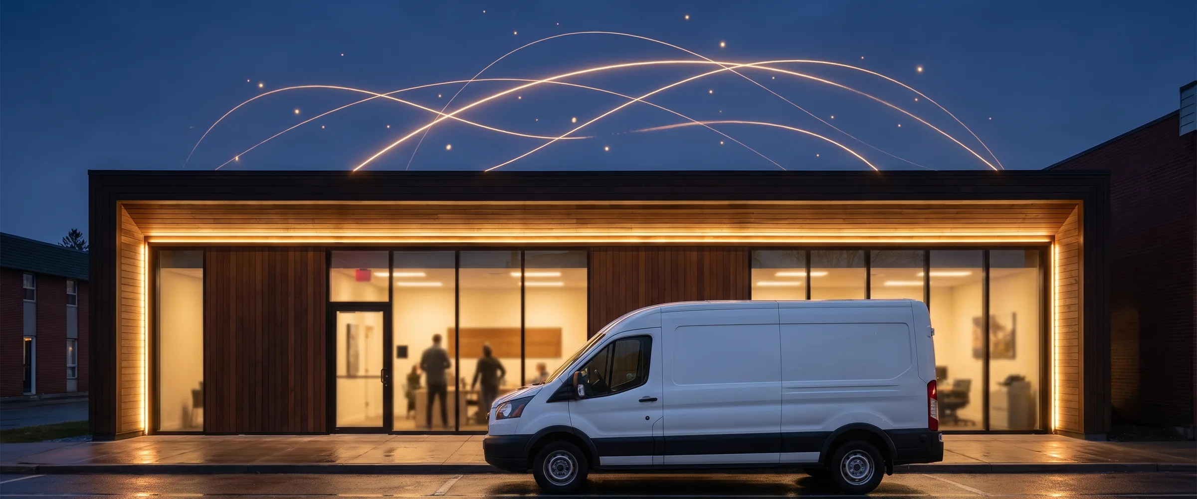 A lit local service business and work van at dusk with leads flowing in